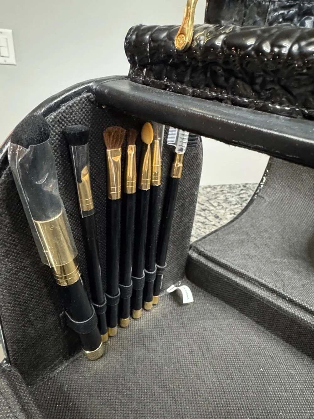Black Structured Top-Handle Cosmetic Case with Gold Lock